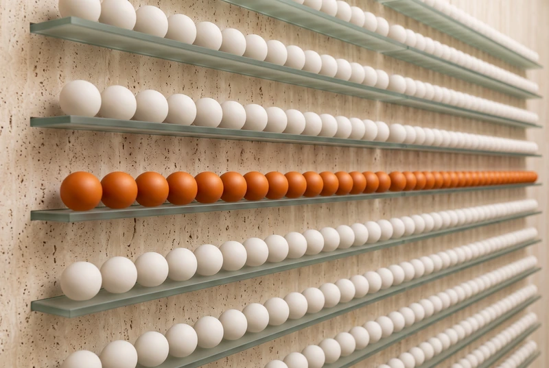 Rows of spheres on frosted glass rails, with one rail of orange spheres